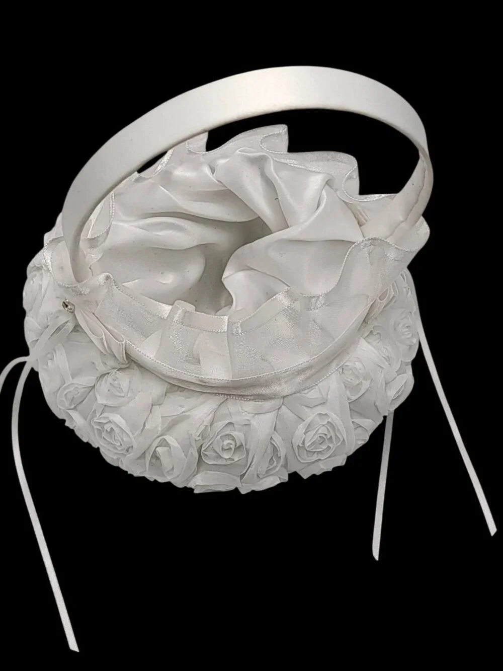 White Satin Flower Girl Basket With Ribbon & Rosette Details For Wedding Ceremon